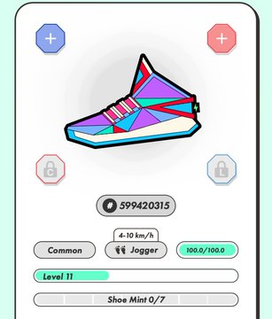 A mobile app screen displays a colorful cartoon sneaker NFT with a Jogger tag, Level 11, Shoe Mint 0/7, and attribute stats of 4-10 km/h.