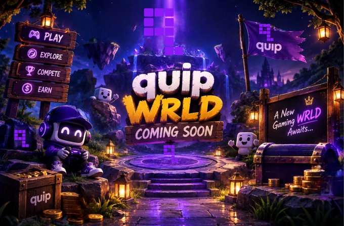 A vibrant purple and gold promotional banner for "quip WRLD" featuring gaming characters, treasure chests, and a menu with options to Play, Explore, Compete, and Earn, noting "A New Gaming WRLD Awaits..." and "COMING SOON."