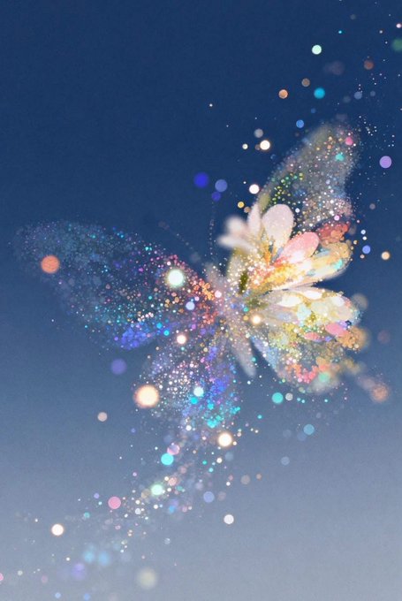 A vibrant, colorful digital illustration of a butterfly with sparkling wings made of light particles against a blue background.