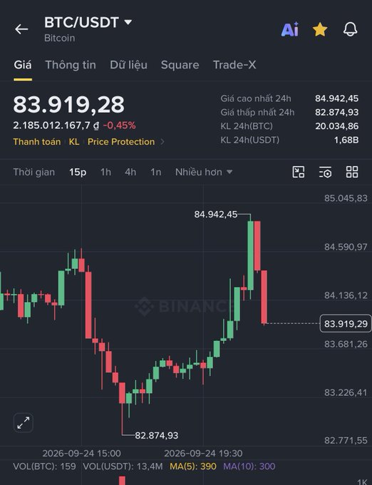 A Binance trading chart showing the BTC/USDT pair trading at 83,919.28, down 0.45%, with a 24-hour high of 84,942.45 and low of 82,874.93.