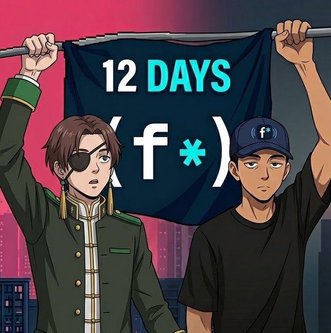 An anime-style illustration of two characters holding up a dark banner that reads '12 DAYS' with stylized logos resembling Facebook and Twitter icons replaced with asterisks, set against a pink city background.