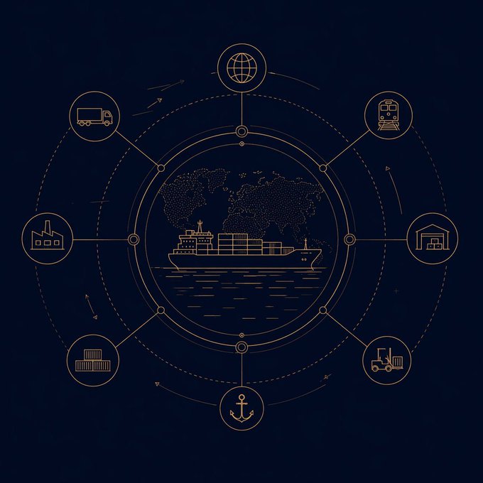 An illustrated diagram of a global shipping network featuring a cargo ship connected to icons representing trucks, trains, warehouses, factories, ports, containers, and an anchor, set against a world map.