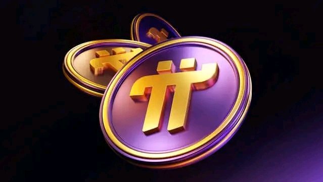 Three purple and gold 3D-rendered Pi Network (π) coins are displayed against a dark background, symbolizing the cryptocurrency's latest initiative to launch a debit card. The stylized π symbols and premium metallic finish visually reinforce Pi Network's brand identity as it expands into payment solutions.