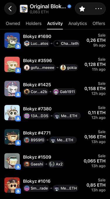 A mobile screenshot of OpenSea showing recent sales activity for 'Original Blok...' with a floor price of 0.063 ETH, listing transactions like 'Blokyz #1690' and 'Blokyz #1509' sold for prices ranging from 0.065 ETH to 0.85 ETH.