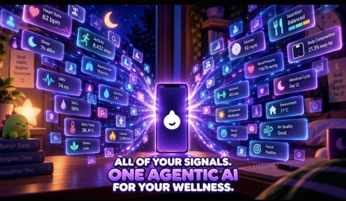 A promotional graphic featuring a smartphone displaying a smiling face icon surrounded by floating wellness data cards showing metrics like heart rate, sleep, activity, and nutrition, with the text 'ALL OF YOUR SIGNALS. ONE AGENTIC AI FOR YOUR WELLNESS.'