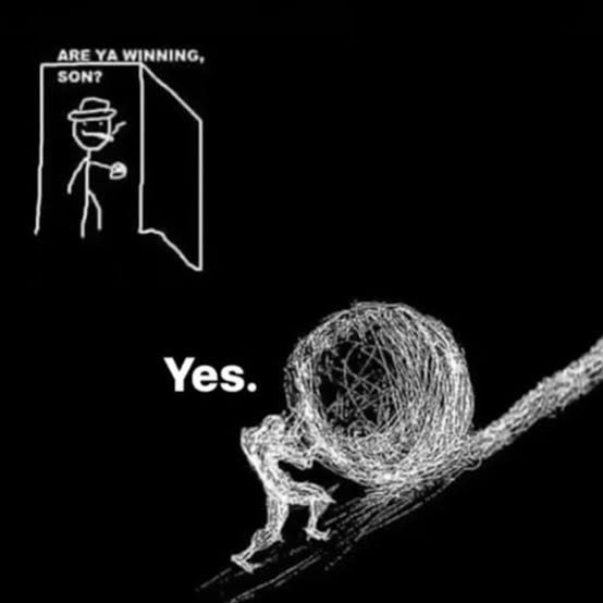 A dark, surreal comic-style illustration showing a small figure asking 'ARE YA WINNING, SON?' through a door, while below a skeletal figure on a branch whispers 'Yes.'