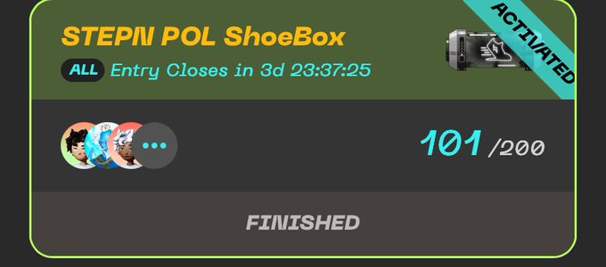 STEPN POL ShoeBox raffle with 101/200 entries filled, marked as ACTIVATED and FINISHED, with 3 days 23:37:25 remaining for entry closure.