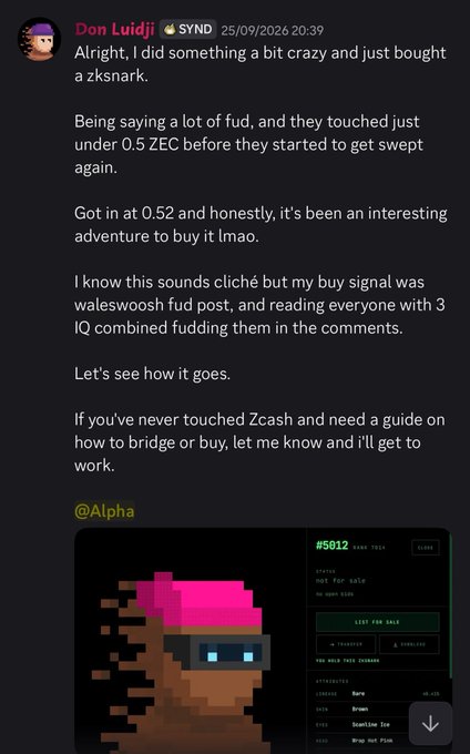 A Discord message from 'Don Luidji' posted on 25/09/2026 about buying a 'zksnark' on Zcash at 0.52 ZEC, accompanied by an NFT image labeled '#5812'.