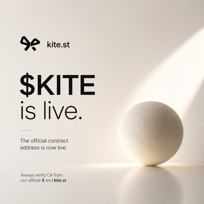 Promotional announcement for '$KITE is live' from kite.st, stating the official contract address is now live with a minimalist design featuring a white sphere on a beige background.