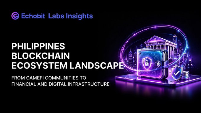 A title card for Echobit Labs Insights titled 'Philippines Blockchain Ecosystem Landscape' with the subtitle 'From GameFi Communities to Financial and Digital Infrastructure,' featuring a purple-themed illustration of a classical building with security shields.