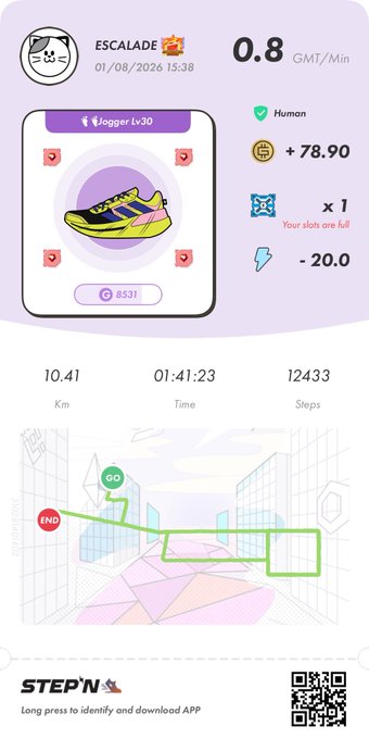 A screenshot from the STEPN app showing an 'ESCALADE' jogger NFT sneaker with stats including 10.41 Km distance, 01:41:23 time, and a map of the walk.