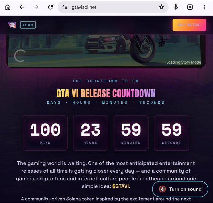 A screenshot from gtavisol.net displays a "GTA VI RELEASE COUNTDOWN" showing 100 days, 23 hours, 59 minutes, and 59 seconds remaining, promoting the $GTAVI Solana token alongside a "Loading Story Mode" image of vehicles. The countdown timer directly aligns with the post's "100 Days Left!" message, marking the milestone for the community-driven token.