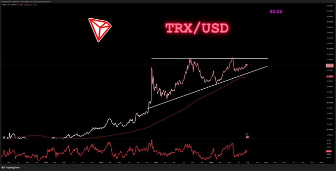 A TradingView chart of TRX/USD shows the cryptocurrency's price action forming an ascending triangle pattern (highlighted with white trendlines) above its 200-day moving average (red line), with the current price at $0.55 marked as the next bullish target. The accompanying post's bullish technical analysis aligns with the chart, confirming both the ascending triangle breakout setup and the upward momentum toward 55 cents.
