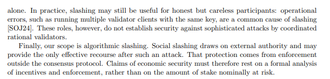 Academic text excerpt discussing algorithmic slashing versus social slashing in blockchain, referencing operational errors like running multiple validator clients with the same key [SOJ24].