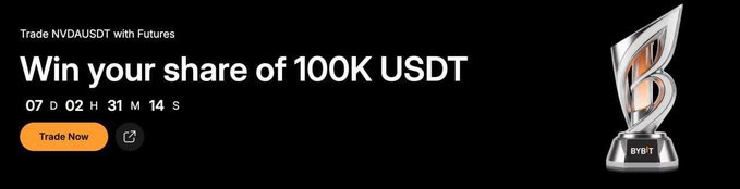 A promotional banner for Bybit featuring a silver trophy on the right side, with text reading "Trade NVDAUSDT with Futures" and "Win your share of 100K USDT" alongside a countdown timer showing 07 days, 02 hours, 31 minutes, and 14 seconds, and an orange "Trade Now" button. The banner advertises Bybit's NVDAUSDT futures trading competition with up to 100K USDT in prizes.