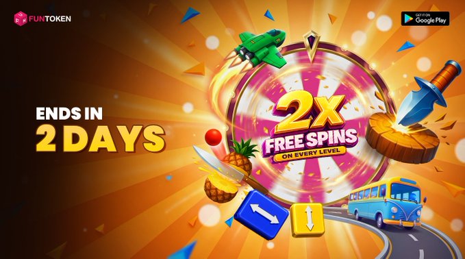 The image features a colorful poster for a mobile game that offers 2 free spins per day, with various symbols such as a pineapple, a bus, and a sword. The text on the poster indicates that there are only 2 days left before the free spins end, which is why it's important to play now if you want to enjoy them.