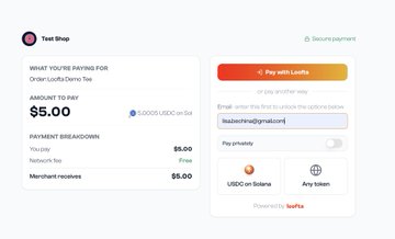 A payment checkout screen showing 'WHAT YOU'RE PAYING FOR: Order Lucia's Demo Tea', 'AMOUNT TO PAY: $5.00' in USDC on Solana, powered by 'boltix'.