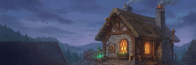 A digital illustration of a charming stone and timber cottage with glowing windows at dusk, set in a forested landscape under a moody sky.