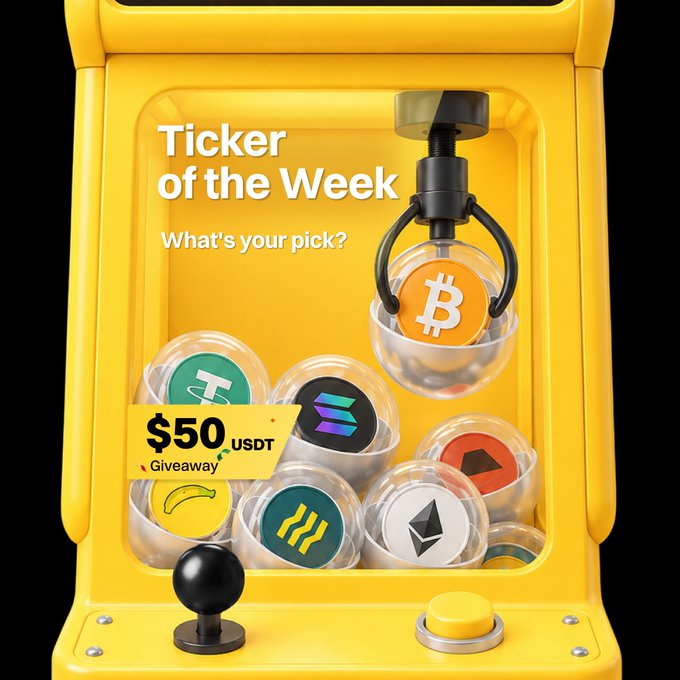 Yellow claw machine graphic titled 'Ticker of the Week - What's your pick?' containing crypto coin capsules (Bitcoin, USDT, Solana, Pepe, Ethereum, etc.) and a '$50 USDT Giveaway' tag.