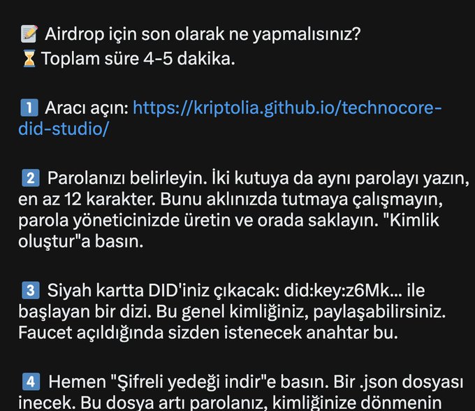 A Turkish-language instructional screenshot outlining 4-5 minute steps to claim a FLOP token airdrop using a DID tool at kriptolia.github.io/technocore-did-studio, showing instructions to open the tool, set a 12+ character password, obtain a DID identifier (did:key:z6Mk...), and download an encrypted .json backup file.