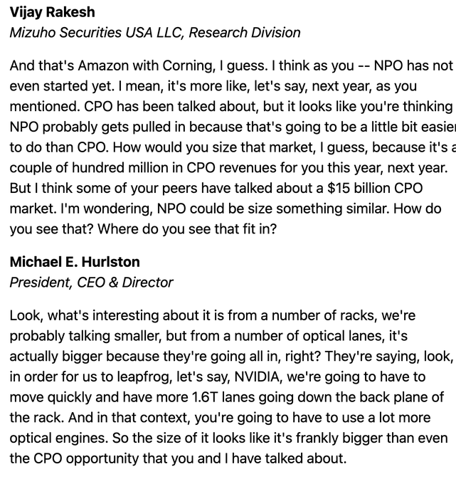 The focus of the image is a text that reads "Another bullish nugget from $LITE's CEO: The NPO opportunity is certainly bigger than even the CPO opportunity". This statement suggests that LITE has an advantage or an opportunity over CPO in this case, possibly because of their stock.