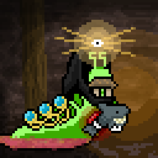 A pixel art scene depicting a dark figure in a green robe sitting at a glowing green flask on a table, with a one-eyed creature wearing a gold headdress floating above.