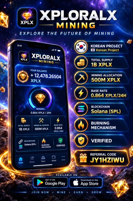 Promotional image for XPLORALX Mining, a Korean crypto project showing a mobile app interface with a balance of +12,478.26504 XPLX and a mining rate of 0.864 XPLX/24H, alongside key stats including 1B total supply, 500M mining allocation on Solana (SPL), a burning mechanism, and the referral code "JY1HZIWU," with download links to Google Play and the App Store.