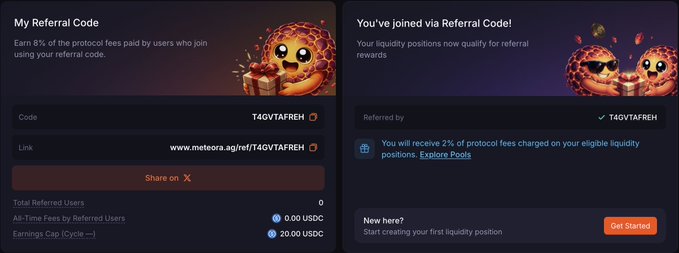 A referral program interface for Meteora showing 'My Referral Code' as T4GVTAFREH with an 8% earnings cap of 20.00 USDC, and a 'You've joined via Referral Code!' confirmation panel.