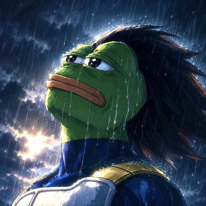 A dramatic digital illustration of a sad Pepe the Frog character with long dark hair, wearing blue and gold armor, standing in the rain.