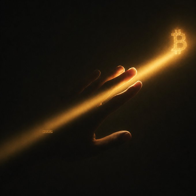 A hand emerging from darkness reaching toward a glowing golden Bitcoin symbol in a dark, atmospheric digital art piece.