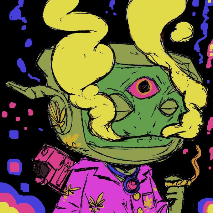 A vibrant, psychedelic illustration of a green alien-like character with large yellow hair/horns, wearing a pink suit and holding what appears to be a cigarette, with yellow flower patterns.