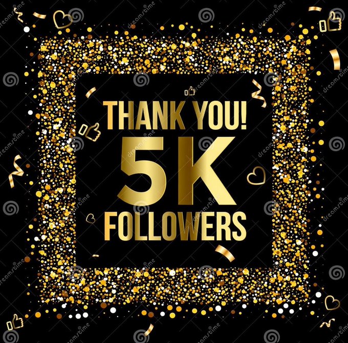 urn of gold confetti with "Thank you!" and "5K followers" written on it, surrounded by golden confetti and hearts against a black background.