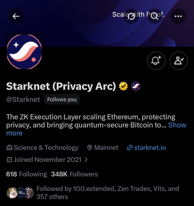 This is a screenshot of the Starknet Twitter profile, showing their bio and that they are now following the user who posted this. The post expresses curiosity about the significance of Starknet following them, as it's a ZK Execution Layer that scales Ethereum.