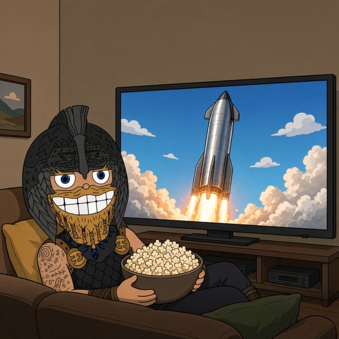 An illustrated cartoon character with a beard, helmet, and tattoos sits on a couch eating popcorn while watching a rocket launch on TV.