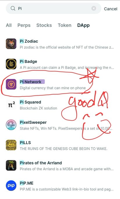 A Bitget Wallet DApp search for "Pi" displays results like "Pi Zodiac," "Pi Badge," and "Pi Network" (annotated as "good" with a smiley face), showing that the official Pi Network site has recently appeared in the search results alongside unrelated Pi-named tokens and games.