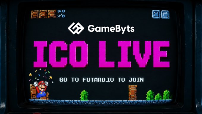 A retro-styled promotional graphic for GameBytes' 'ICO LIVE' event displayed on a vintage television screen, featuring pixel art Mario and directing viewers to join at futard.io.