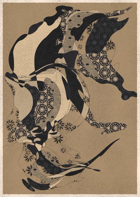 A detailed drawing on tan paper featuring abstract black and cream patterns resembling a stylized creature with floral and geometric motifs.