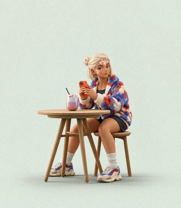A 3D-rendered illustration of a young girl with white hair and face markings, wearing a fuzzy multicolored jacket and shorts, looking at her phone while sitting at a small wooden table with a pink drink.