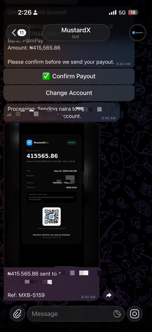 A Telegram screenshot showing the MustardX bot processing a payout of ₦415,565.86 via PalmPay, with confirmation buttons, a receipt, and a "Sent to" notification with reference MXB-5159. The image illustrates the bot's auto-pay and fast payment features highlighted in the testimonial post promoting MustardX as a reliable currency conversion service.