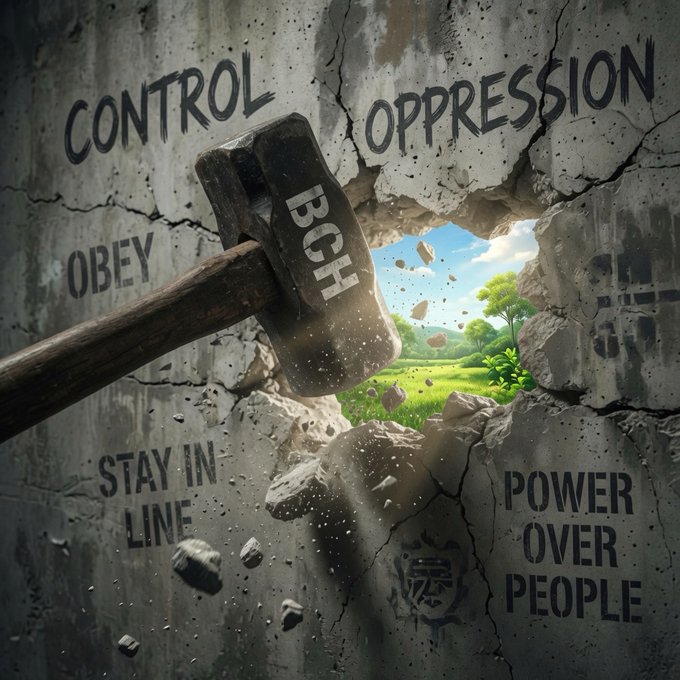 Symbolic illustration of a sledgehammer labeled 'TRUTH' breaking through a concrete wall covered in words like 'CONTROL', 'OPPRESSION', 'OBEY', 'STAY IN LINE', and 'POWER OVER PEOPLE', revealing a bright green landscape beyond.
