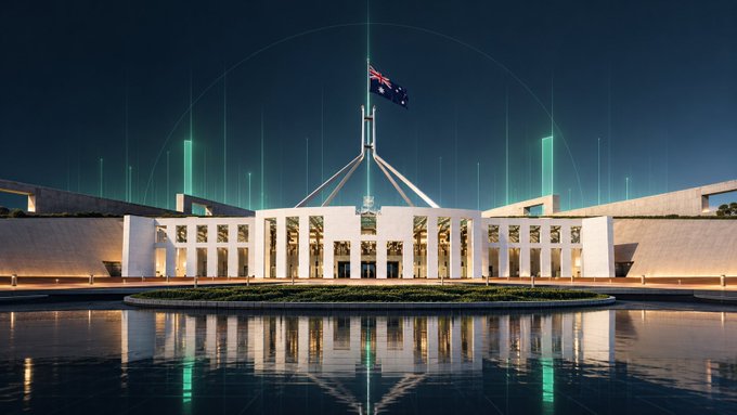 Nighttime photograph of the Australian Parliament House in Canberra with the Australian flag flying and green digital graphic overlays in the sky.