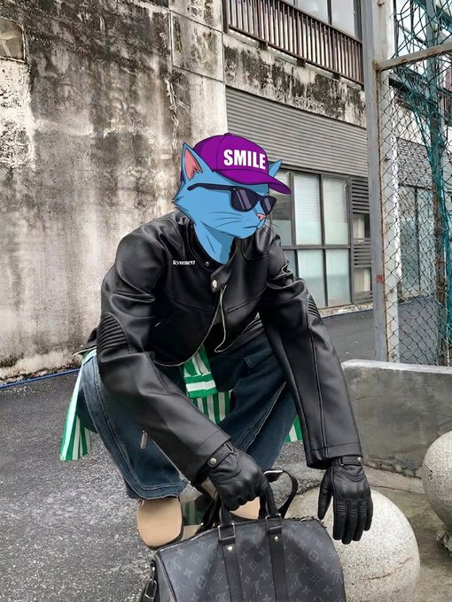 A digitally edited photo of a person crouching in a black leather jacket, with their face replaced by a blue cartoon cat wearing a purple 'SMILE' cap and sunglasses, holding a designer bag.