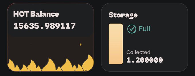 The image displays two dashboard panels showing "HOT Balance 15635.989117" with flame graphics and "Storage Full" status indicating "Collected 1.200000" tokens. This relates to the HOT token ecosystem from @hotdao_, suggesting a playful comparison between HOT's accumulated balance and the legendary status of a unicorn, likely celebrating the user's token holdings or achievements within the platform.