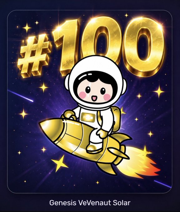 A cartoon astronaut riding a gold rocket with the text '#100' in large gold numbers and 'Genesis VeVenaut Solar' displayed at the bottom, set against a starry purple space background.