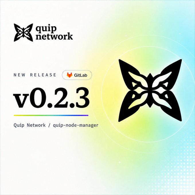 A Quip Network promotional graphic announcing their new GitLab release v0.2.3 for quip-node-manager, featuring the project's butterfly logo against a colorful gradient background. The image ties into the post's message about quantum computing risks threatening the cryptography behind crypto ownership, with Quip Network positioning itself as a solution to these emerging security challenges.