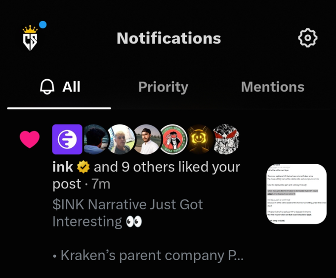 A social media notifications screen on a dark theme showing likes on a post titled "$INK Narrative Just Got Interesting 👀" with a snippet about Kraken's parent company.