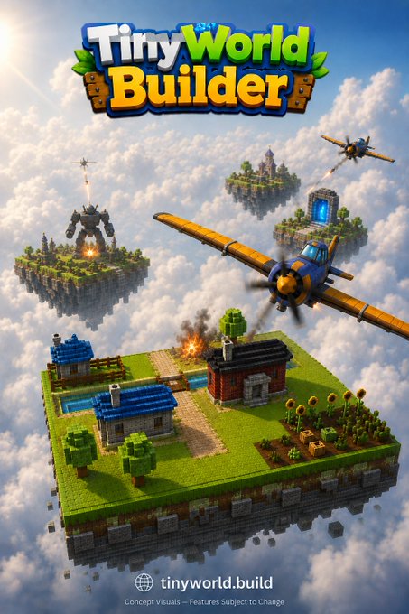The image features a poster for a Minecraft game called Tiny World Builder, which showcases various elements of the game such as buildings, planes, and other characters. The poster also includes a link to the game's website, suggesting that players can learn more about the game or purchase it directly from there. The post emphasizes the importance of multiplayer in the game and encourages users to share their ideas for improving the game experience.