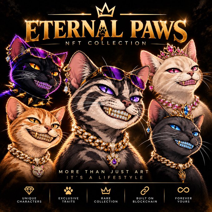 A promotional poster for the 'ETERNAL PAWS NFT COLLECTION' featuring five ornately jeweled cats with gold teeth, crowns, and sunglasses, with text including 'MORE THAN JUST ART IT'S A LIFESTYLE' and icons for 'UNIQUE CHARACTERS', 'EXCLUSIVE TRAITS', 'RARE COLLECTION', 'BUILT ON BLOCKCHAIN', and 'FOREVER YOURS'.