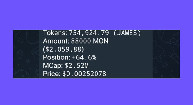 A cryptocurrency tracking display on a purple background showing 'JAMES' token with 754,924.79 tokens, 88,000 MON ($2,059.88), position +64.6%, MCap $2.52M, and price $0.00252078.