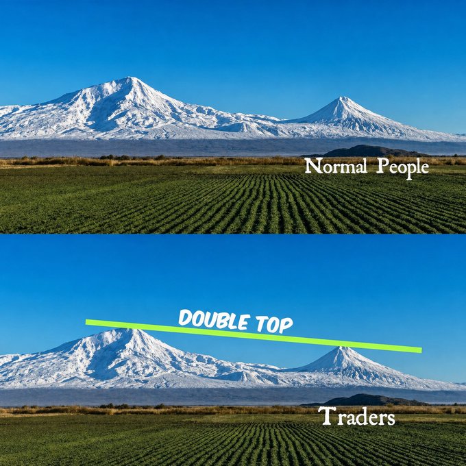 A meme showing two snow-capped mountains labeled 'Normal People' and 'Traders', with a green line drawing a 'DOUBLE TOP' chart pattern on the trader's version.